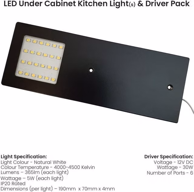 Loops 6x Matt Black Ultra-Slim Rectangle Under Cabinet Kitchen LED Light and Driver Kit with Natural White Light – 1