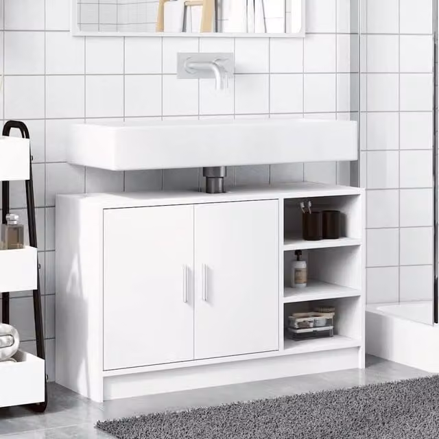 Berkfield Home White Freestanding Bathroom Sink Cabinet with Hinged Doors and Open Shelf, W/D/H: 90 x 29 x 55 cm