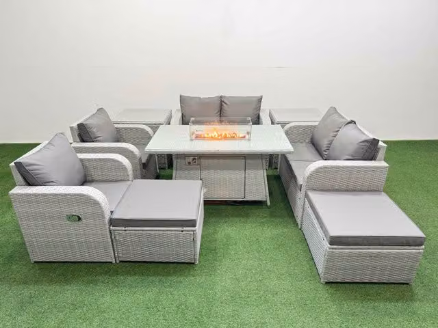 Fimous 8 Seater Rattan Garden Furniture Set with Firepit Dining Table, 2 Footstools and 2 Side Tables in Light Grey