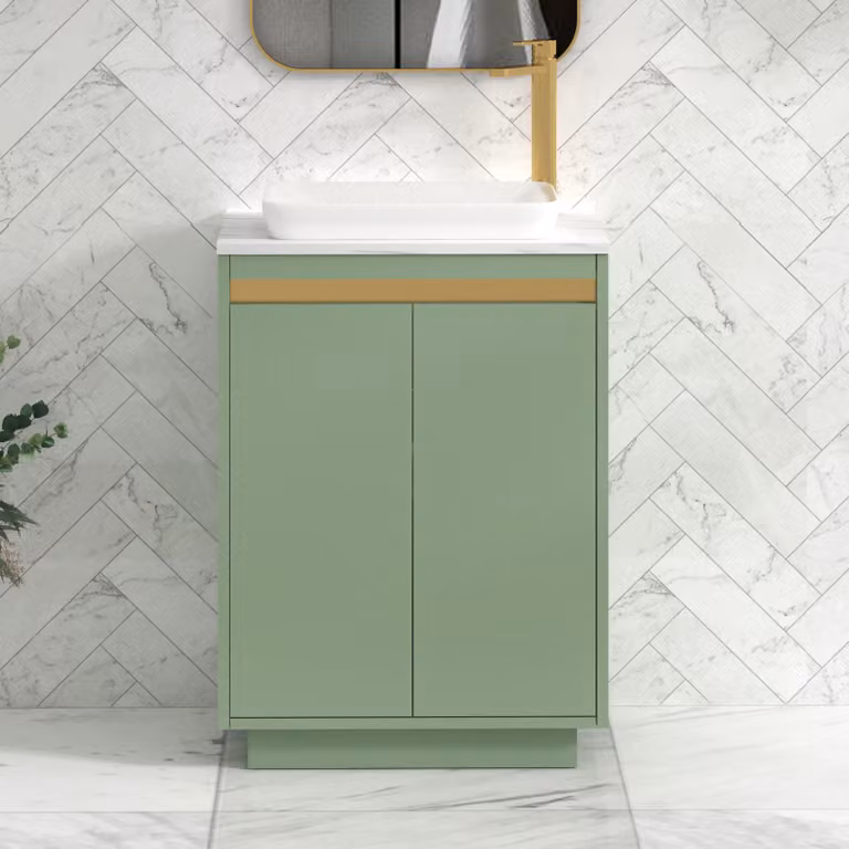 Royal Bathrooms Orion 800mm Mint Sage Floor Standing 2 Door Vanity Unit with Qubix Basin and Brushed Brass Accent Trim