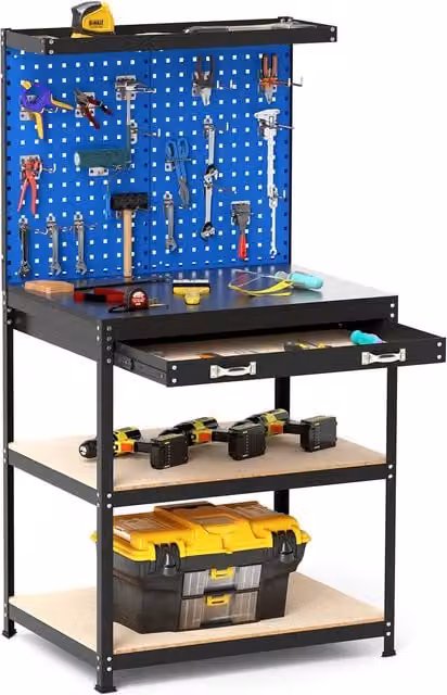 COSTWAY Heavy Duty Metal Garage Workbench with Pegboard in Blue