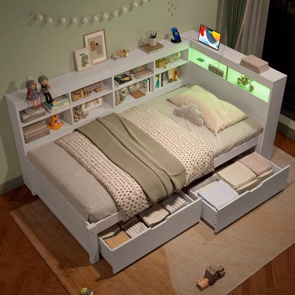 ModernLuxe Single Daybed in White with Storage Drawers, LED Lighting and USB Charging Port, W/D/H: 190 x 90 x 117 cm – 2