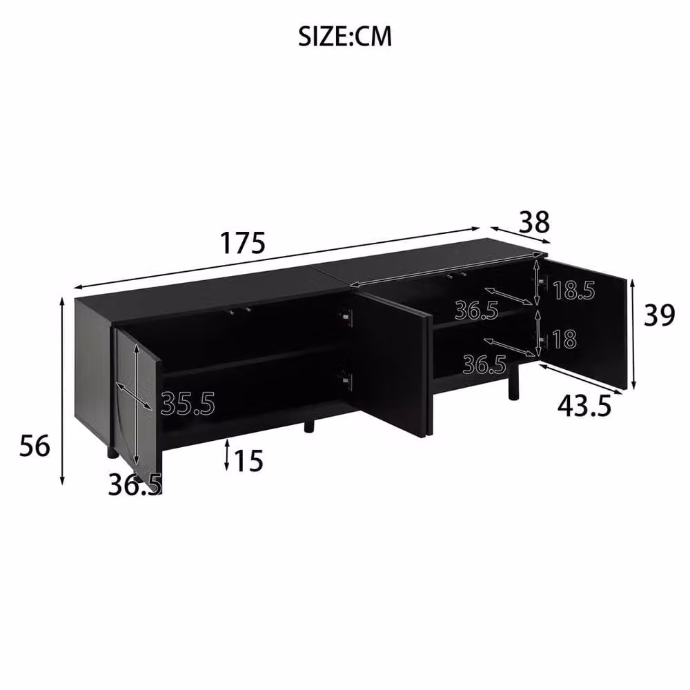 Matteo Modern Black TV Cabinet with Adjustable Shelves, W/D/H: 175.0 x 38.0 x 56.0 cm – 3