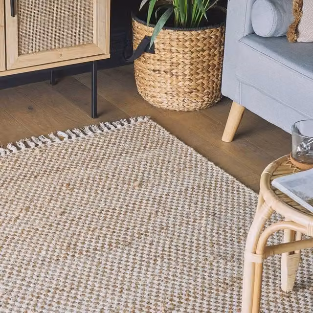 Wyld and Coco Beige Handwoven Cotton-Jute Reversible Fringed Rug, W: 140 cm, L: 200 cm