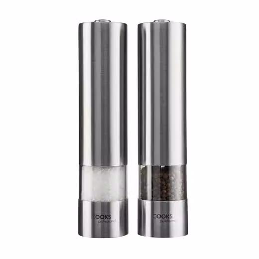 Cooks Professional Electric Salt and Pepper Mill Set with Bamboo Base in Silver Stainless Steel – 3