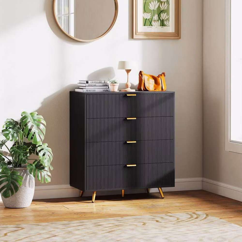 Wyld Haus Disu Black 4 Drawer Bedside Table with Ridged Fronts and Gold Handles W/D/H: 40.0 x 40.0 x 90.0 cm – 2