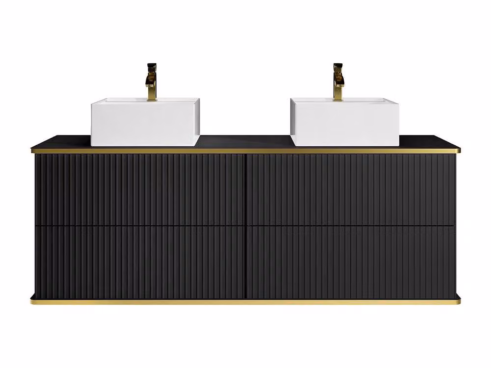Vente-unique Suspended Grooved Black Bathroom Cabinet with Gold Trim and Double Countertop, W/D/H: 150 x 47 x 54 cm – 2