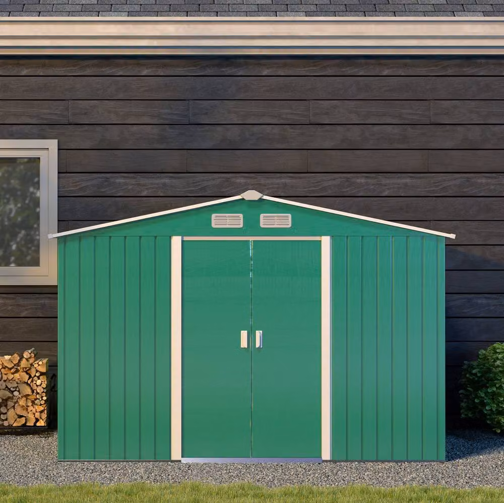 STILVORA Green Steel Pent Garden Shed with Lockable Double Doors, W/D/H: 274.32 x 192.0 x 228.6 cm – 6