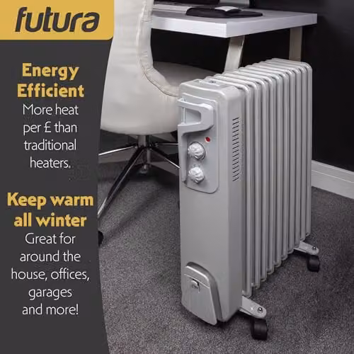 Futura 2500W Oil Filled Radiator, Portable Freestanding Electric Heater in Grey – 4