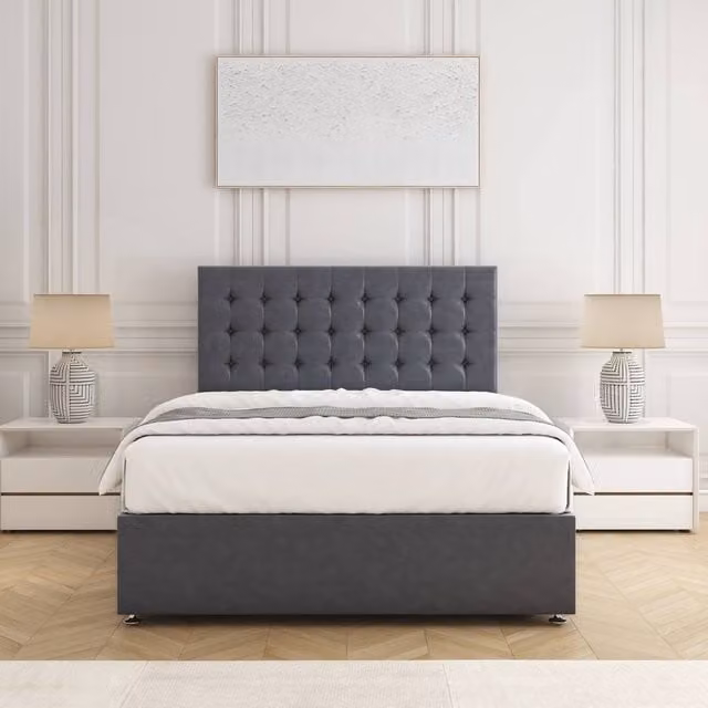 BSSPOKE Isla Divan Bed Set with 24 inch Headboard and Mattress in Charcoal Grey Plush Velvet, W/D/H: 180 x 200 cm