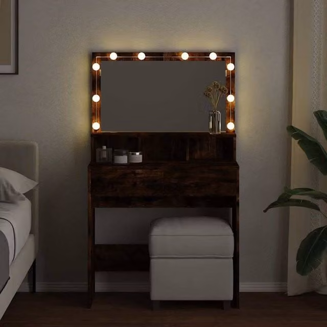 Berkfield Home Beautiful LED Dressing Table in Smoked Oak Brown, W: 80 cm, D: 41 cm, H: 134.5 cm