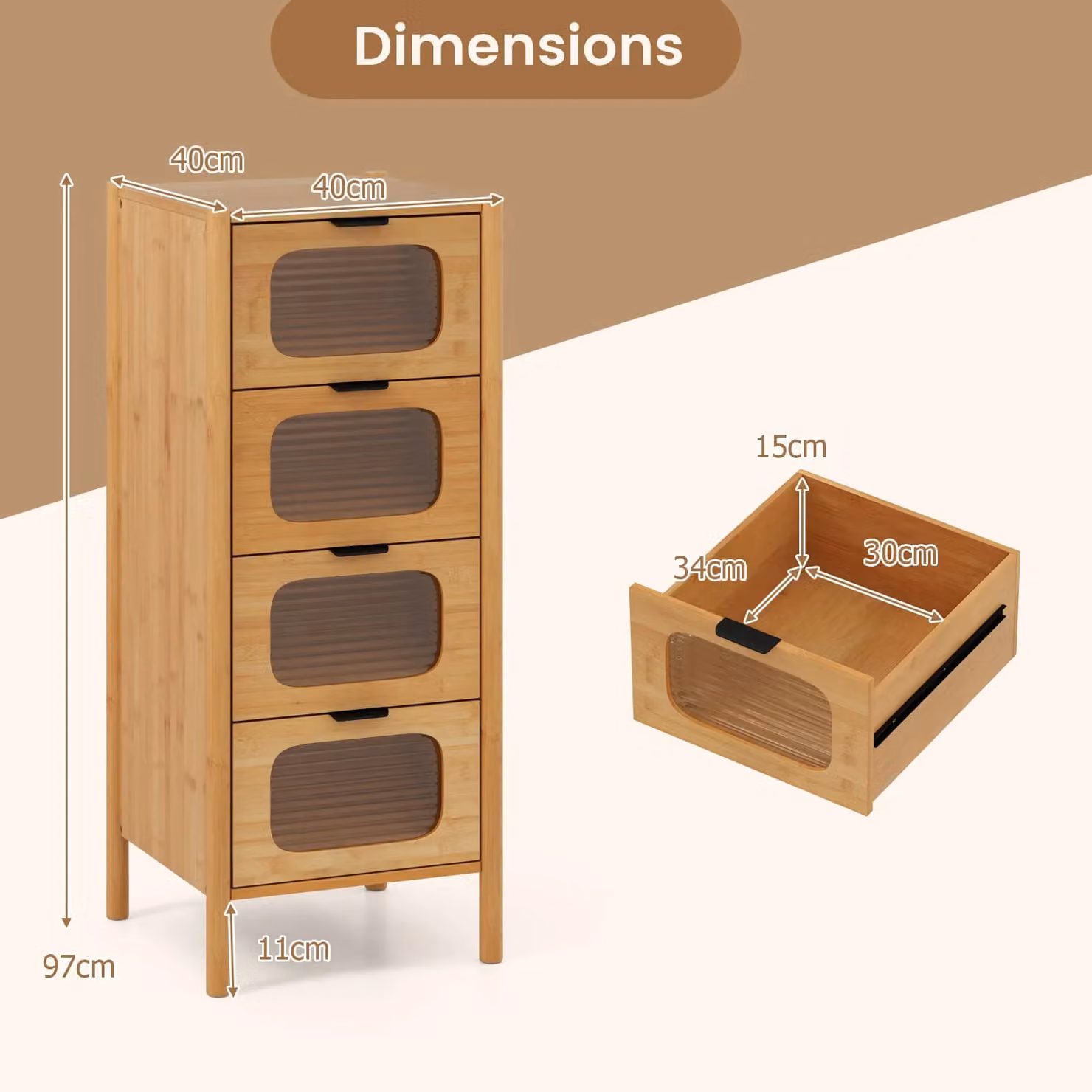 Costway 4-Drawer Bamboo Storage Cabinet with Tempered Glass Drawers in Natural Sand Finish – 6