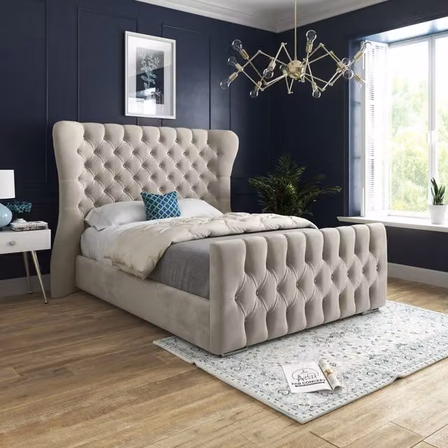 Casani Parma Wide Curved Winged Upholstered Soft Velvet Bed Frame in Beige, Size: Single (90 x 200 cm) – 1