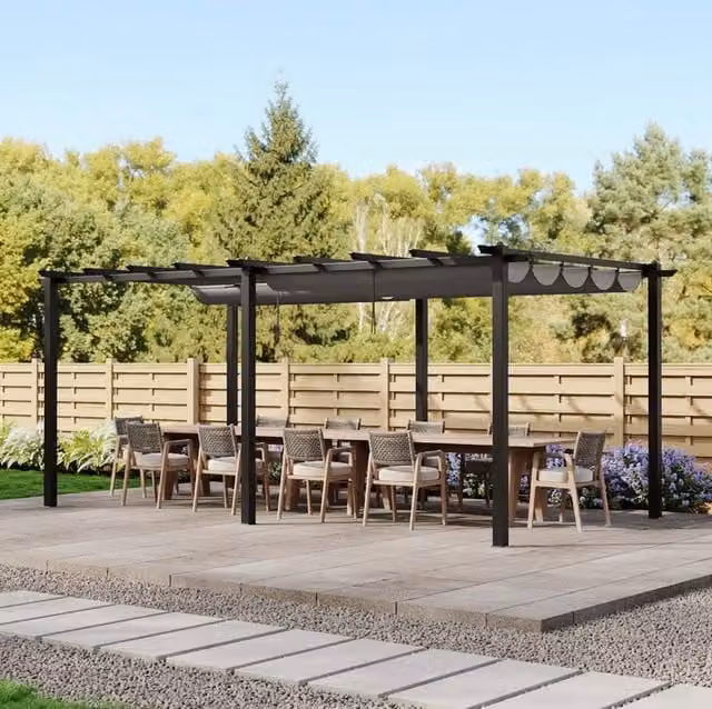 Livingandhome Modern Aluminium Outdoor Pergola with Retractable Roof in Light Grey