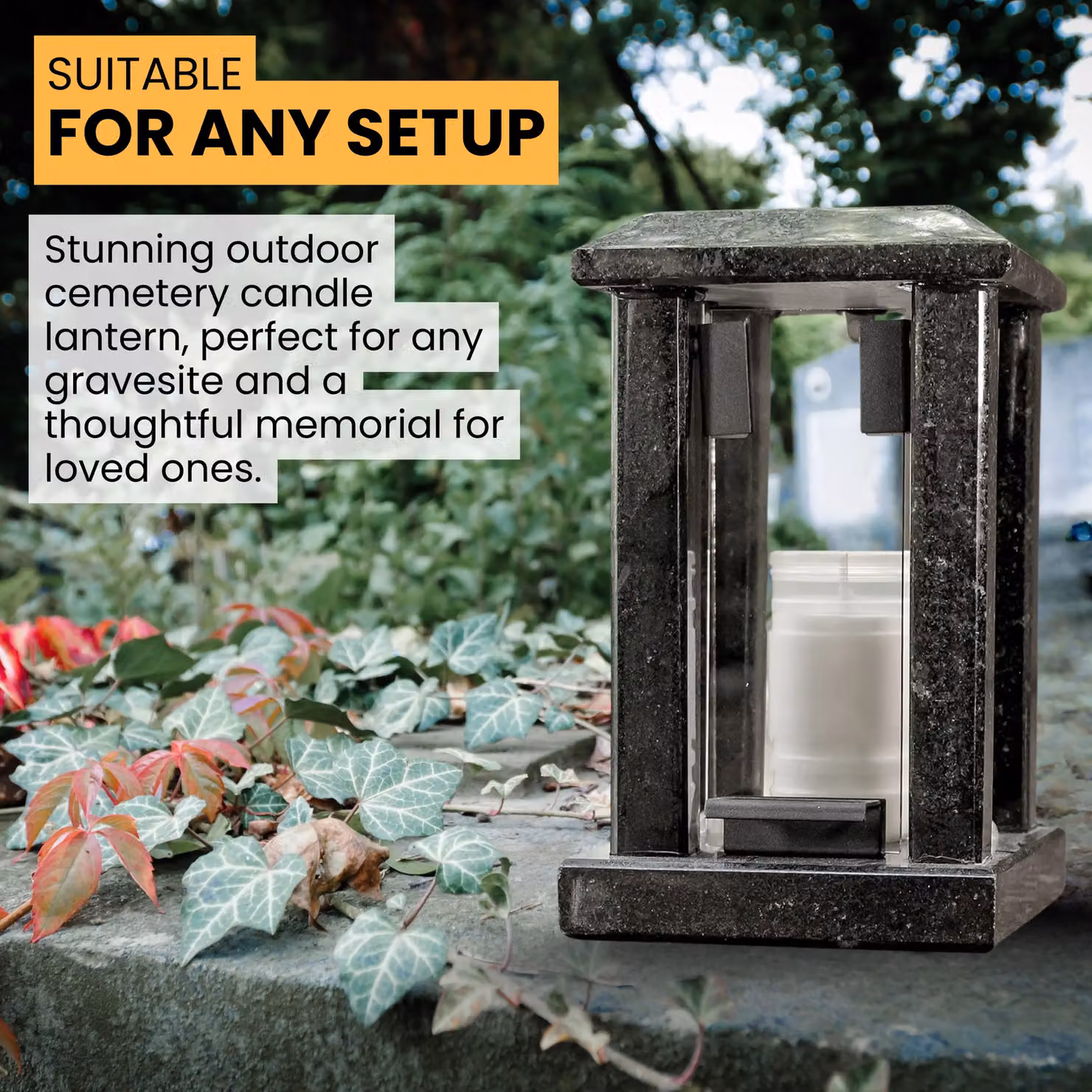Novecrafto Large Polished Black Granite Memorial Lantern, H 32 cm, W 15 cm, D 15 cm – 4