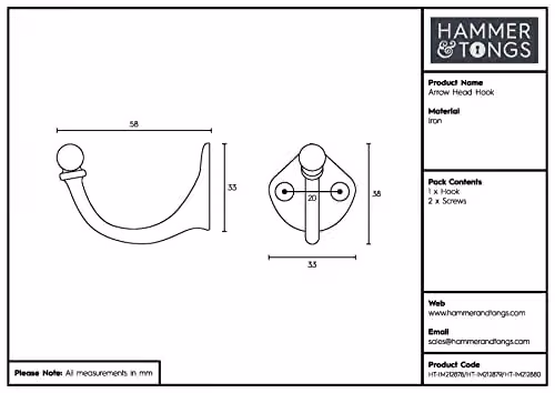 Hammer and Tongs Matt Black Powder-Coated Iron Arrow Head Hook, Pack of 10, W: 3.5 cm, H: 4 cm – 5