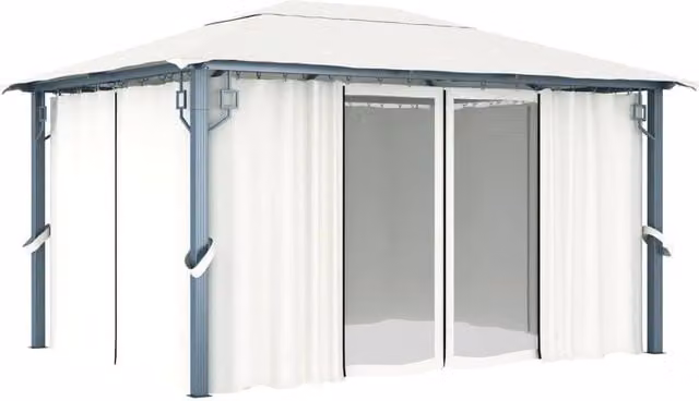 Berkfield Home Hip Gazebo with Curtains in Beige Aluminium, W: 400 cm, D: 300 cm