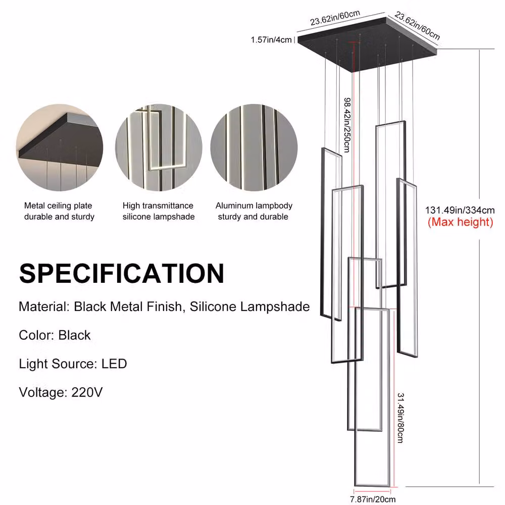 NIVOR Modern Black LED Dimmable 6-Lamp Rectangle Pendant Chandelier with Remote Control and Height Adjustment – 2