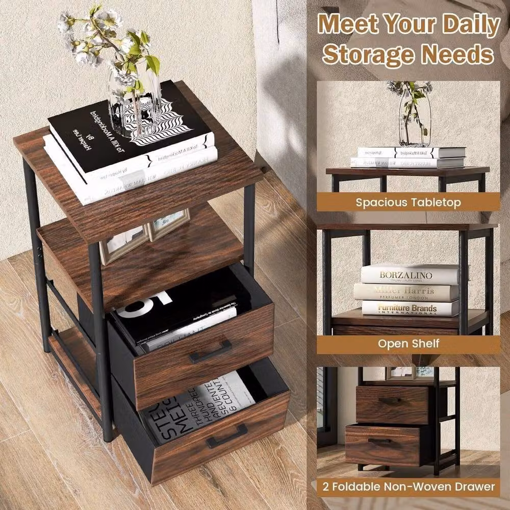 KORVIXA Industrial Nightstand Bedside End Table with 2 Fabric Drawers and Shelf, Brown, W/D/H: 100 x 100 x 58 cm – 3