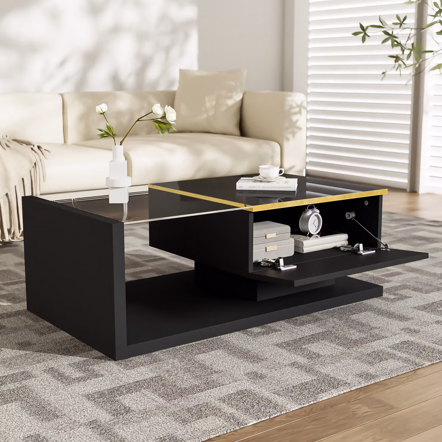 Aosom UK High-Gloss Black Rectangular Coffee Table with Tempered Glass Top and LED Lighting, W: 90 cm, D: 50 cm, H: 32.5 cm – 5