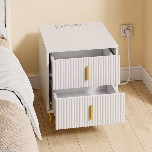 SoBuy Modern White Nightstand Bedside Table with 2 Drawers and Charging Station
