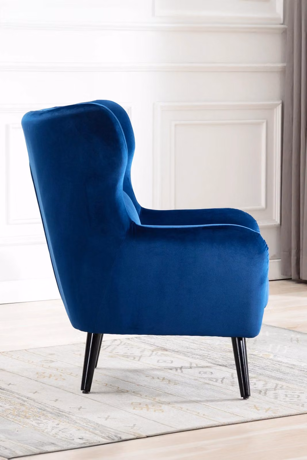 More4Homes Winslow Wing Back Velvet Button Back Armchair and Footstool in Navy Blue – 4
