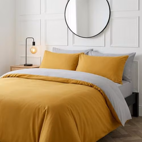 Brentfords Reversible Plain Dyed Microfibre Duvet Cover and Pillowcase Set, Yellow and Grey, King Size (Duvet Cover: 180 x 200 cm, Pillowcases: 50 x 75 cm)