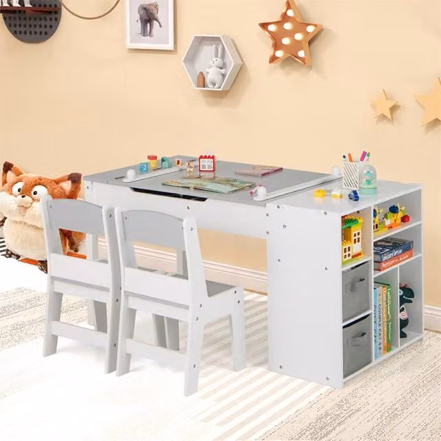 FORGEVIO Childrens Art Table and Chairs Set with Storage Shelves in White