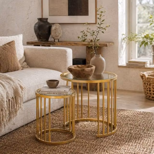 Wyld Haus Livi Set of 2 Round Nesting Coffee Tables in Gold Metal and Transparent Glass
