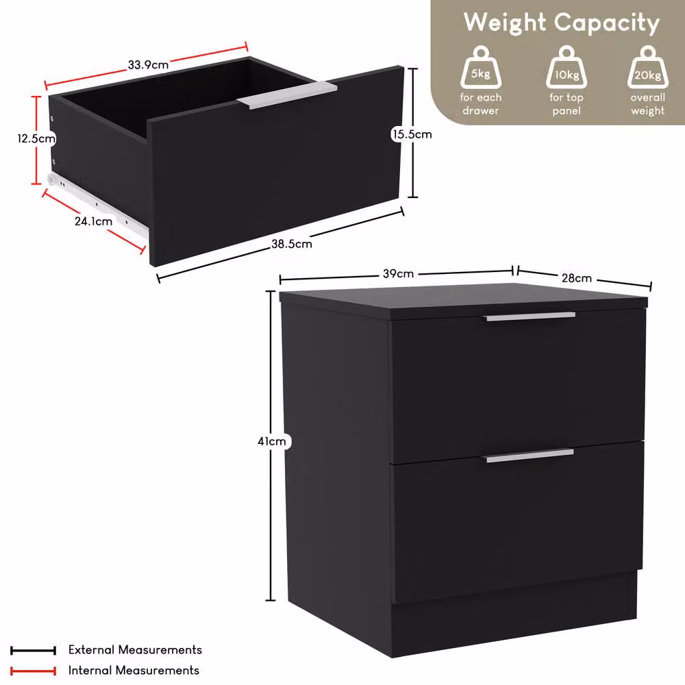 HD Designs Trega Set of 2 Black 2 Drawer Bedside Chests – 5