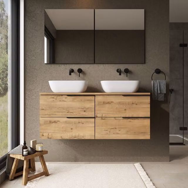 Banyetti Celtic 1200mm Wall Hung Bathroom Vanity Unit with Matching Worktop in Ostippo Light Oak