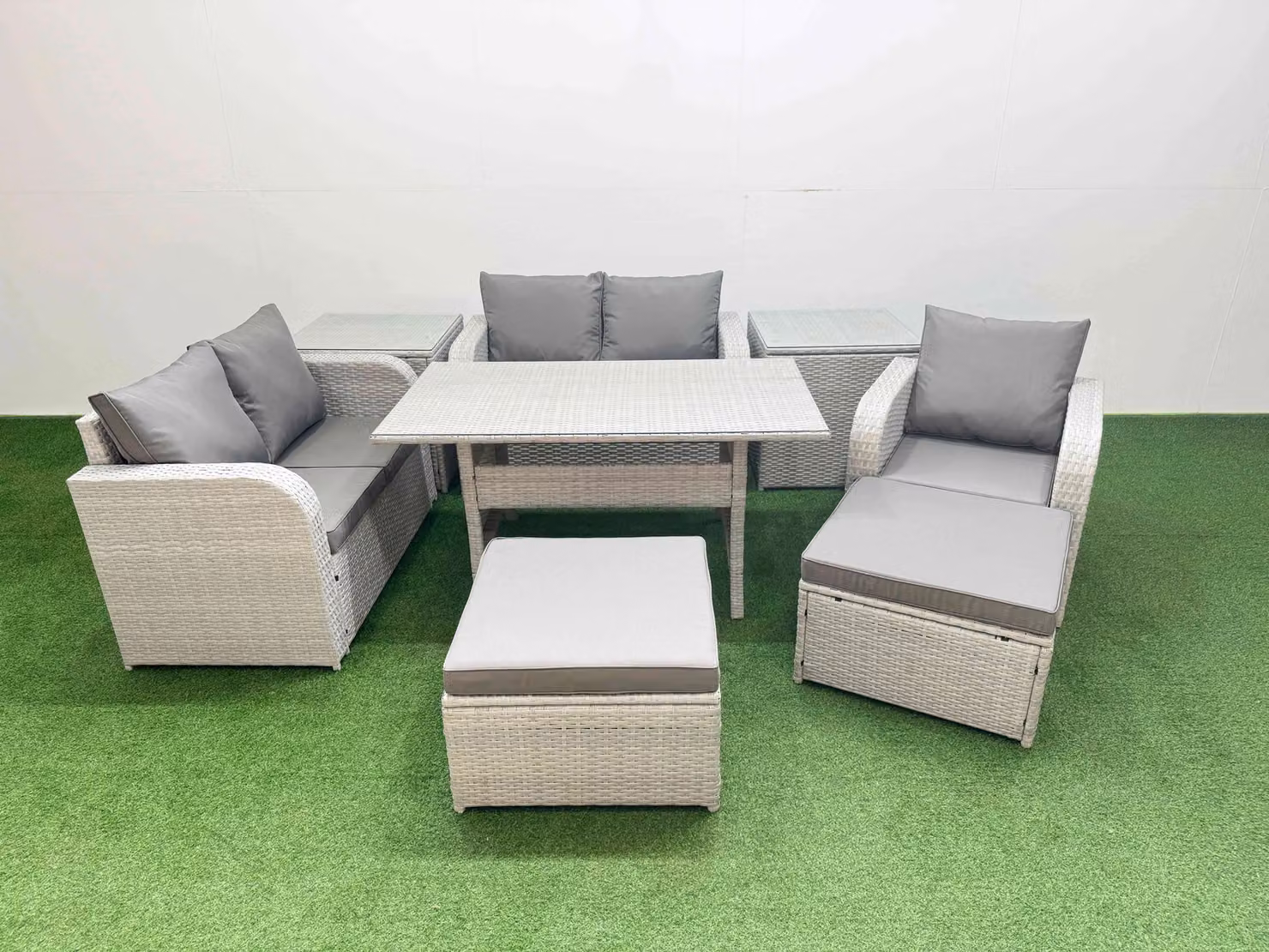 Fimous Grey Poly Rattan Garden Furniture Set with Reclining Chair, Loveseat Sofa, Rectangular Glass Dining Table and 2 Stools