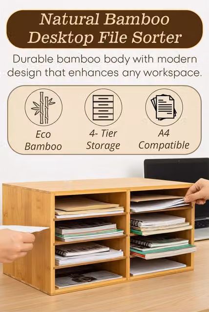 Hygrad Bamboo A4 Desktop File Sorter and Document Organiser, Beige, W: 31.0 cm, D: 31.0 cm, H: 25.0 cm – 1