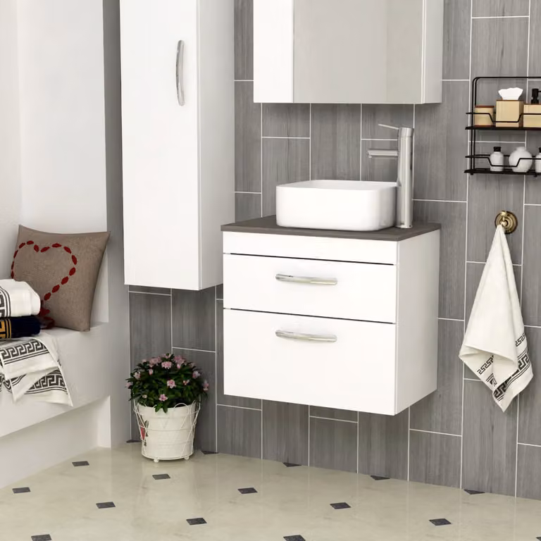 Royal Bathrooms Gloss White Wall Hung 2 Drawer Vanity Unit with Elena Countertop Basin, Width: 60 cm