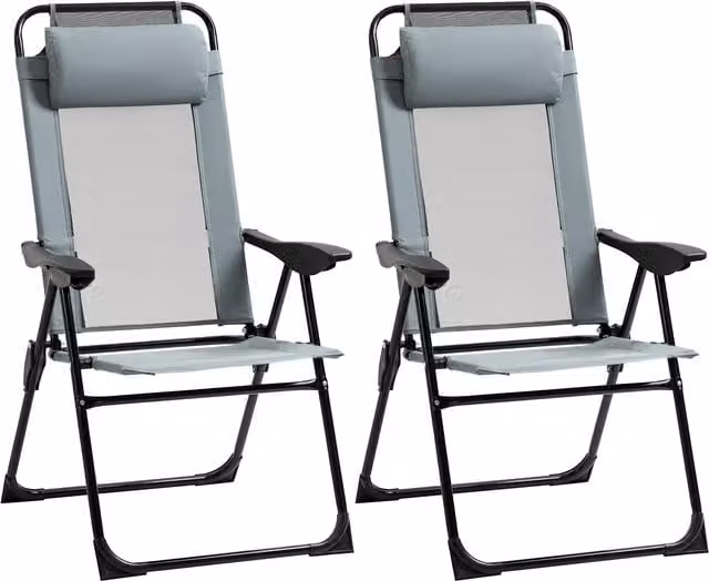 Outsunny Set of 2 Grey Portable Folding Recliner Chaise Lounge Chairs with Adjustable Headrest and Armrests – 1