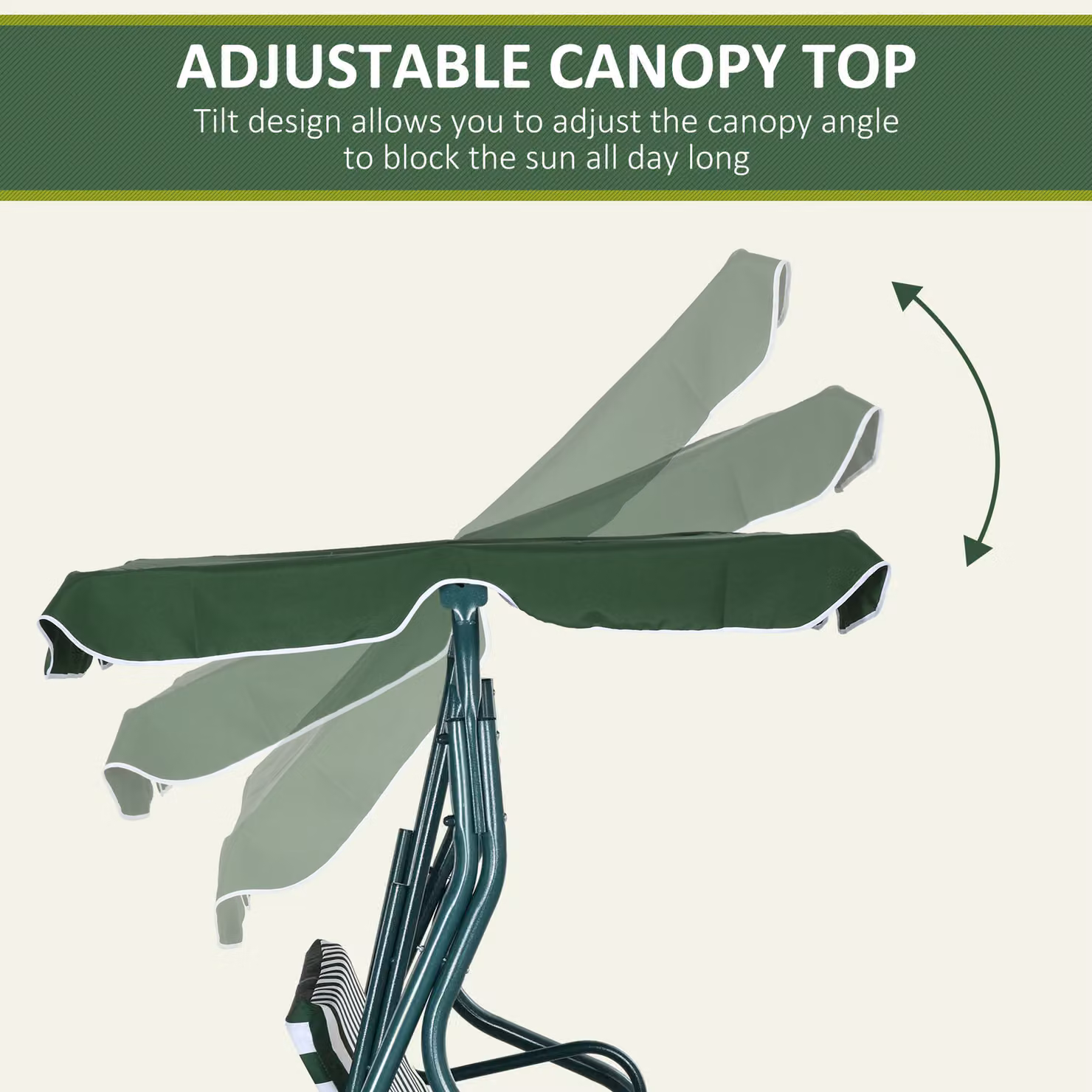 Outsunny 3 Seater Waterproof Garden Swing Seat with Adjustable Canopy and Metal Frame, Green Stripes – 4