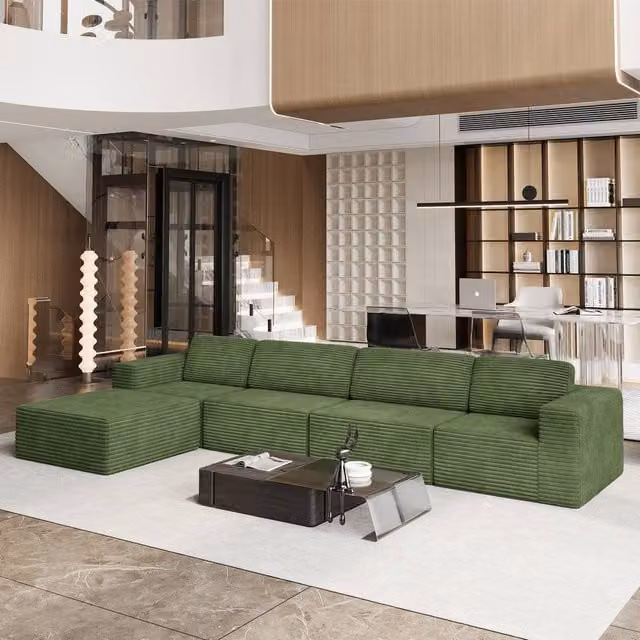 Dprodo Green Corduroy L-Shape Modular Sofa with Matching Ottoman and Removable Covers