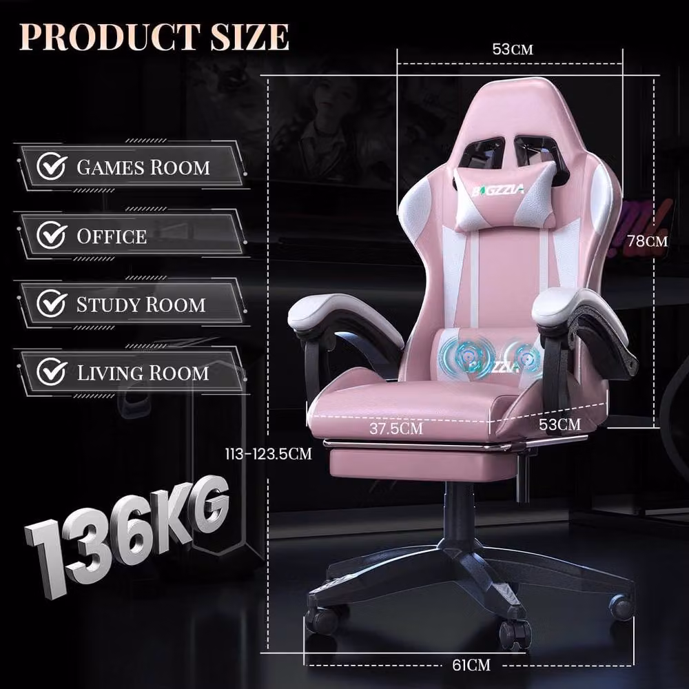 Gartistgo Pink Gaming Chair with Massage, Footrest, Adjustable Recline and Armrests – 2