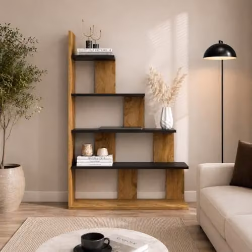 DECOROTIKA Echo 5-Tier Modern Ladder Style Accent Bookcase and Display Shelf in Oak and Black, Height: 120 cm – 1