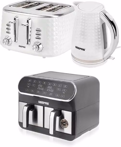Geepas Argyle Kitchen Appliance Set in White featuring 8L Dual Basket Air Fryer, 1.7L Kettle and 4 Slice Toaster – 1