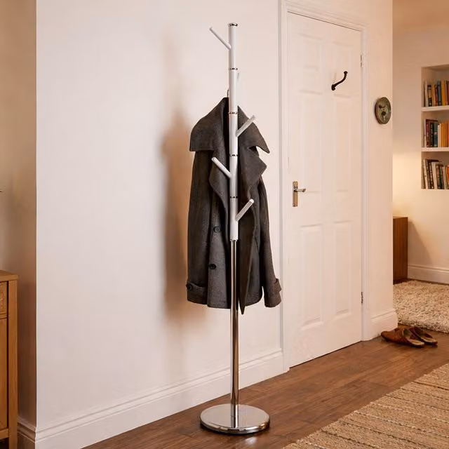 Maison by Premier Jess Modern Post Tree Coat Stand in Silver Metal and White Acrylic