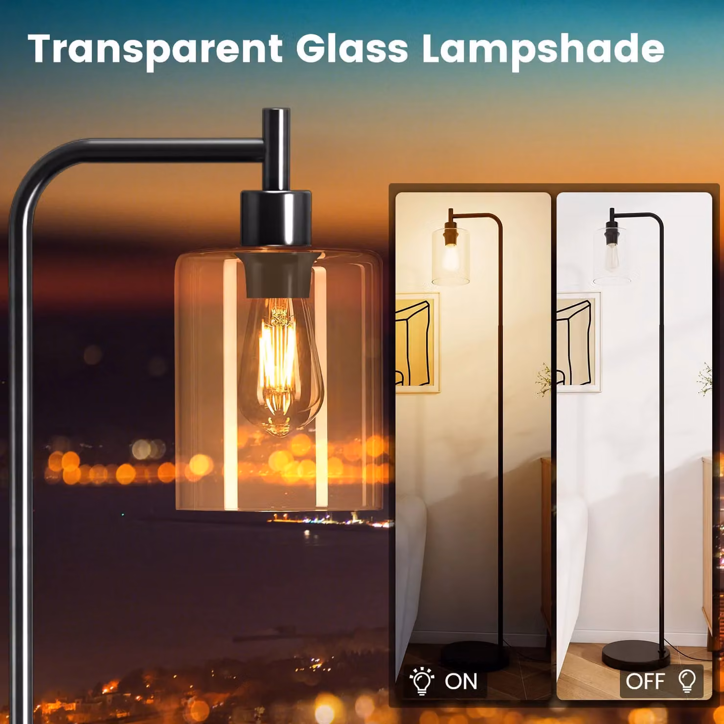 Gymax Industrial Floor Lamp with Transparent Glass Lampshade in Black – 3