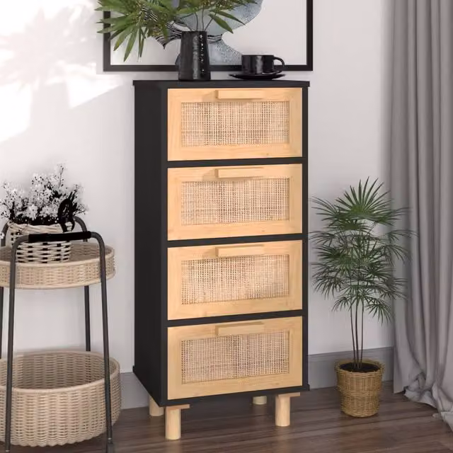 Berkfield Home Black Sideboard in Solid Pine and Natural Rattan, W/D/H: 40 x 30 x 90 cm – 1