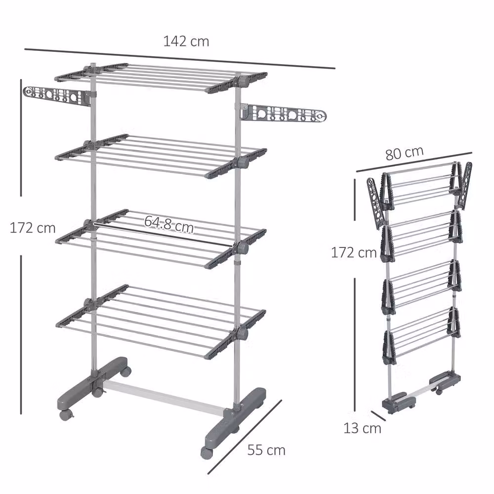 STILVORA Foldable Stainless Steel Clothes Airer with 4 Shelves and Wheels in Grey – 2