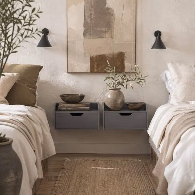Wyld Haus Levaco Set of 2 Black Wooden Wall Mounted Bedside Tables with Drawer