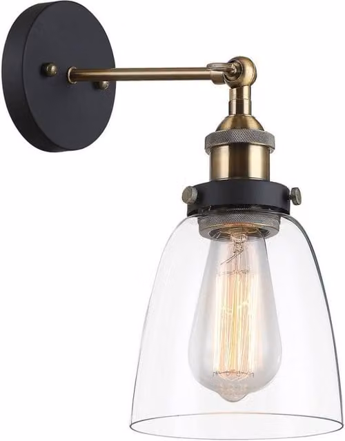 Netlighting Industrial and Retro Wall Lamp with Black and Gold Metal Shade and Transparent Glass, E27, Dimmable