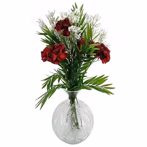 Leaf Design Mixed Red Floral Artificial Flower Display with Transparent Glass Vase