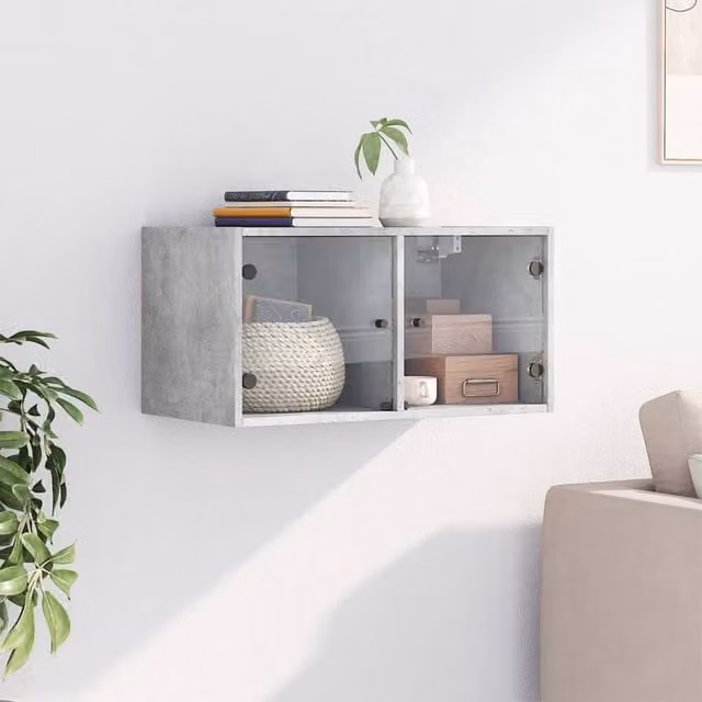 Berkfield Home Wall Cabinet with Glass Doors in Concrete Grey, W/D/H: 68.5 x 37 x 35 cm