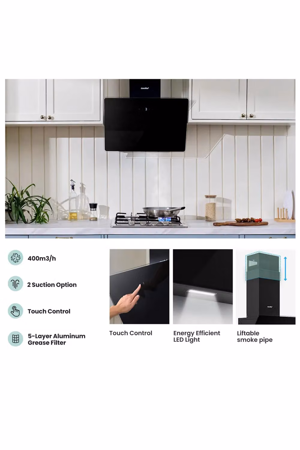 Living and Home Black Angled Wall Mounted Cooker Hood with Touch Screen and LED Extractor, Width: 60 cm – 2