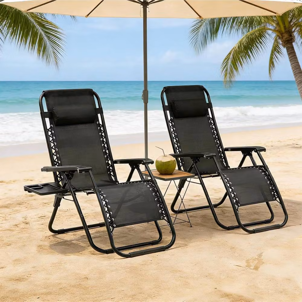Lishetimig 2-Pack Zero Gravity Lounge Chairs in Black with Adjustable Headrest and Cup Holders – 2